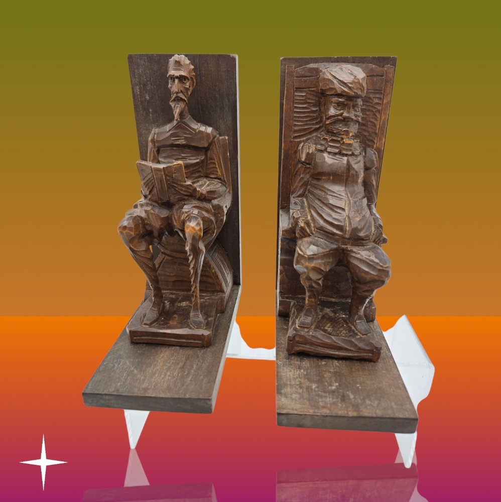 MCM Vintage Don Quixote and Sancho Panza Hand Carved Wooden Bookends